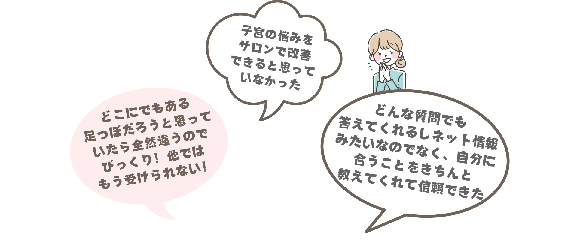 子宮の悩みをサロンで改善できると思っていなかった！どこにでもある足つぼだろうと思っていたら全然違うのでびっくり！他ではもう受けられない！どんな質問でも答えてくれるしネット情報みたいなのでなく、自分に合うことをきちんと教えてくれて信頼できた！